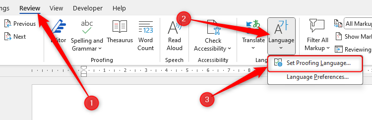 The Set Proofing Language button in the Review tab in Microsoft Word.