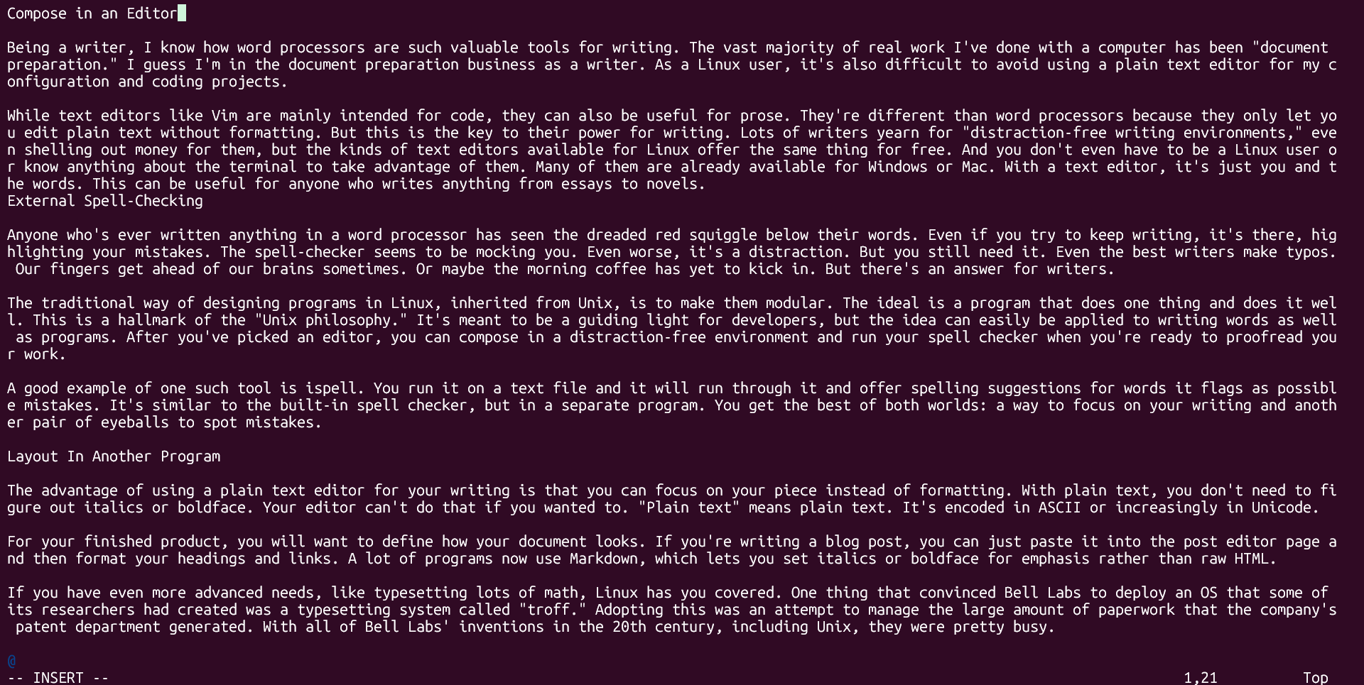 Article text in Vim.