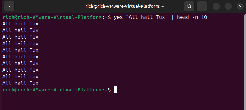 A terminal screenshot showing the output of the command yes "All hail Tux" | head -n 10.
